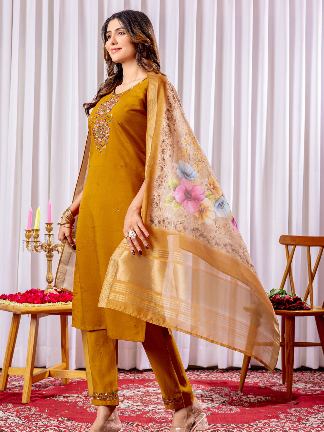 graceful viscose silk kurti pant dupatta set