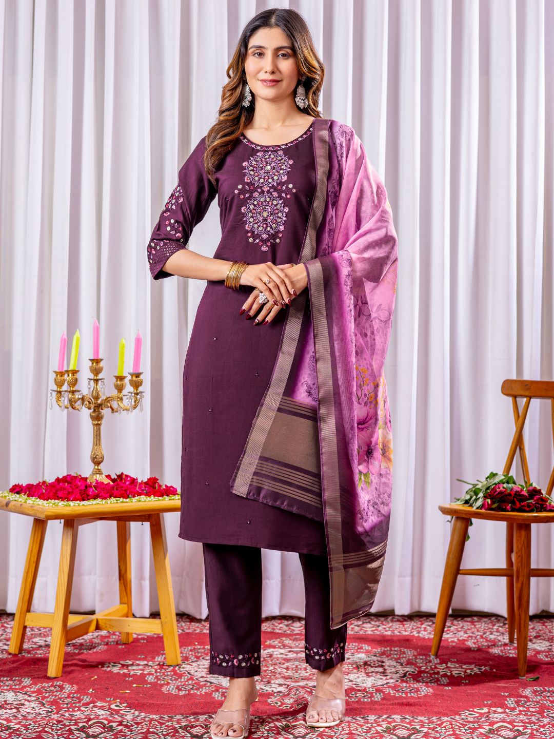 graceful viscose silk kurti pant dupatta set