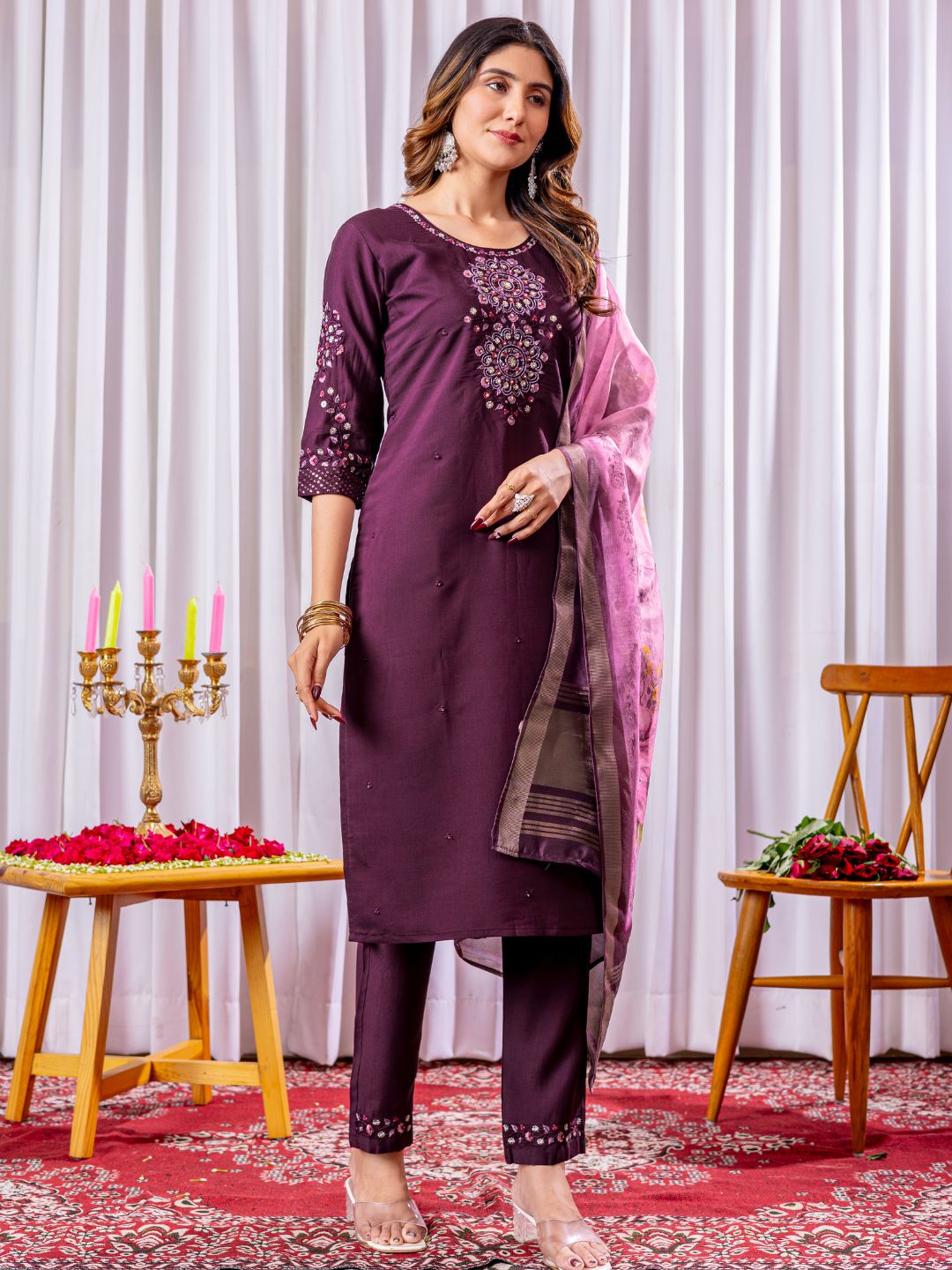 graceful viscose silk kurti pant dupatta set