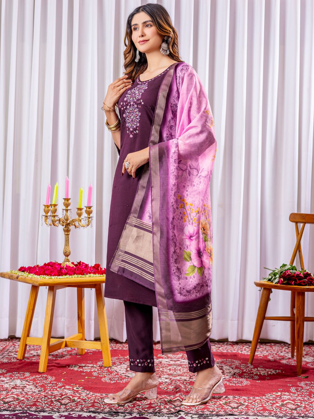 graceful viscose silk kurti pant dupatta set