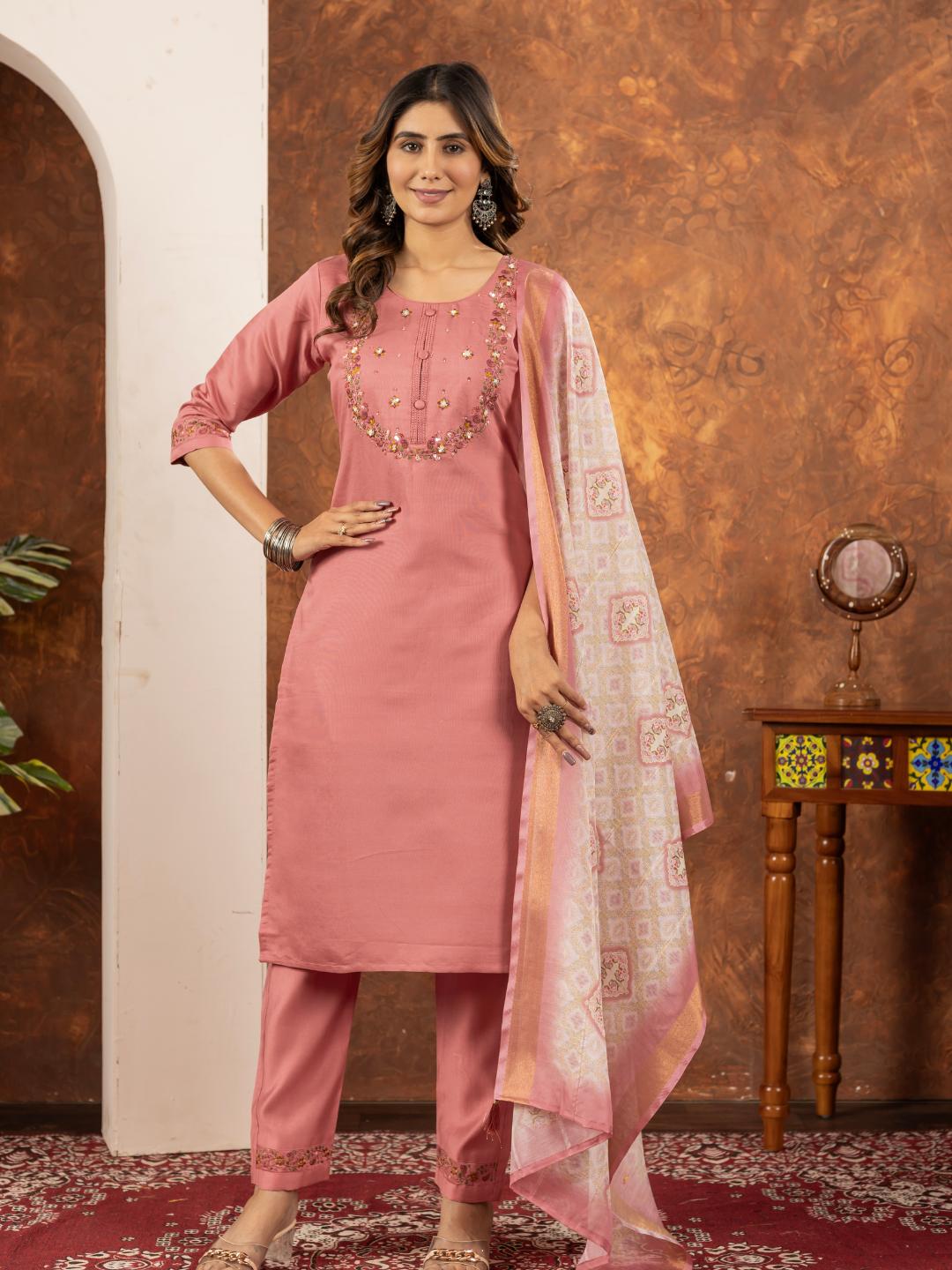 elegant straight kurti pant dupatta set