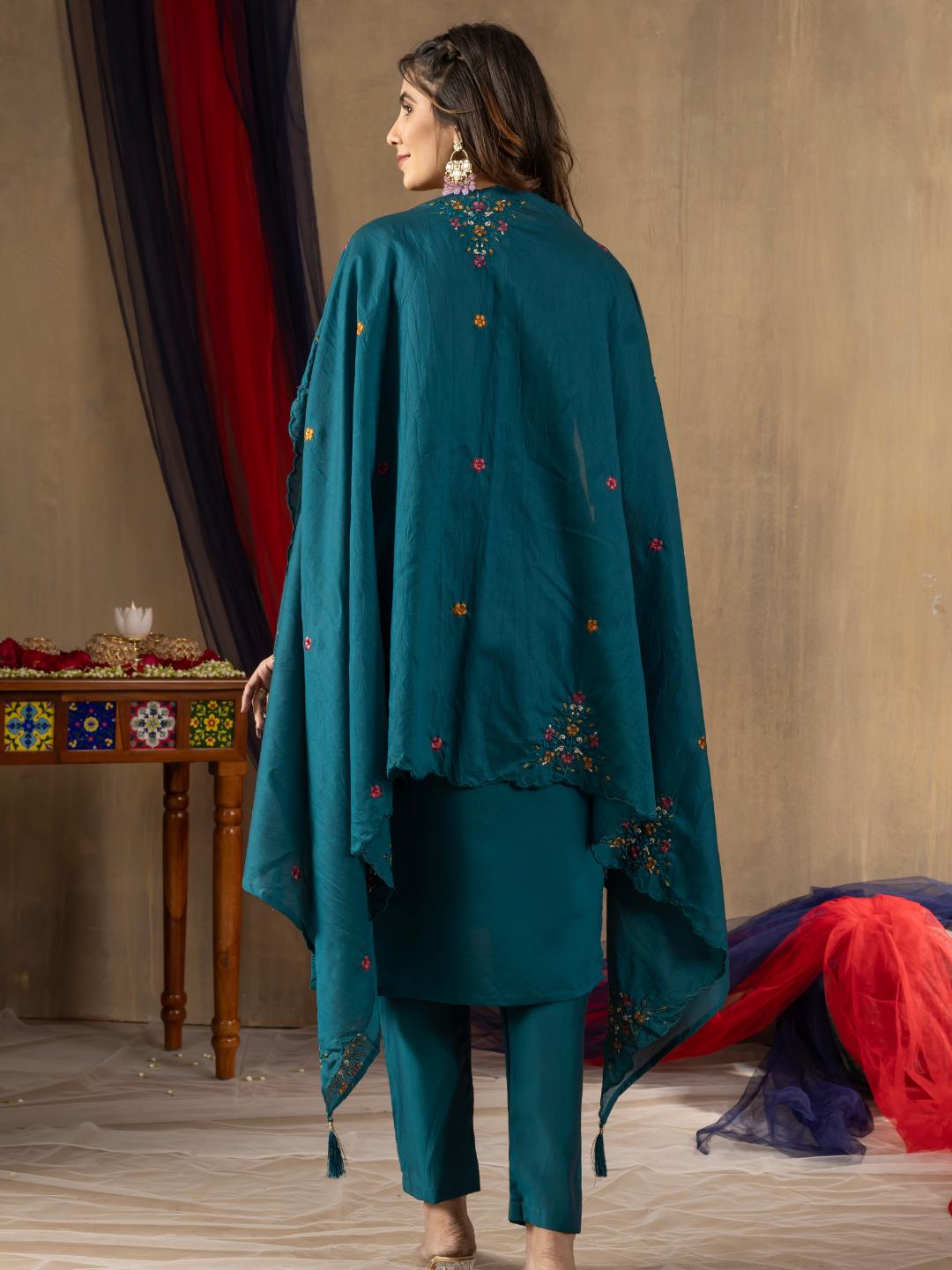 roman silk straight kurti pant dupatta set